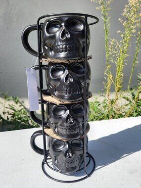 NEW Skull Skeleton Mug Set of 4 Stackable Mugs Skulls Halloween Cups Decor Decor